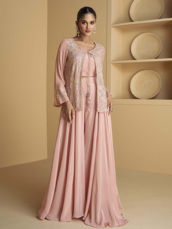 Light Pink Real Georgette Koti Style Sharara Suit